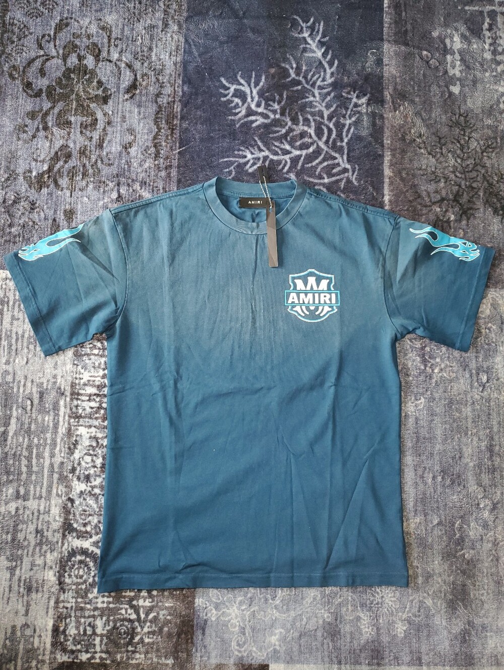 AMIRI Teal Short-Sleeve Logo Tee with Sleeve Flame Graphics